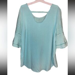 NY Collection Women’s Aqua Lace 3/4 Flared Sleeve Tunic Blouse Size M VERY SOFT